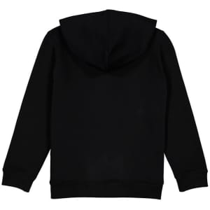 A black kids' hoodie featuring a hood and long sleeves, with ribbed cuffs and a branding logo.