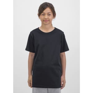 A black short sleeve tee designed for kids. The shirt has a simple style and features a branding logo.