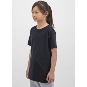A black short sleeve tee shirt on a young girl, set against a plain background. The tee has a logo.