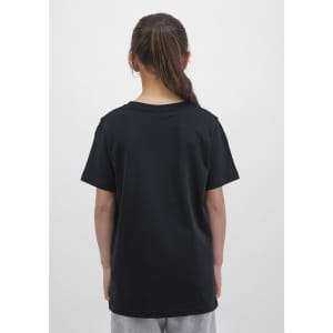 A black short sleeve youth T-shirt displayed from the back, featuring a logo.