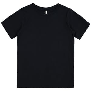 A black short sleeve tee with a standard crew neckline, featuring a logo on the label.