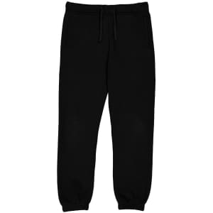 Black track pants featuring an elastic waistband and drawstring, with two side pockets. Includes a logo detailing.