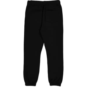 A pair of black kids' track pants with a relaxed fit and a rear pocket. Includes an elastic waistband.