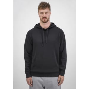 A men's black hoodie featuring a front pocket and drawstring hood, showcased on a model.