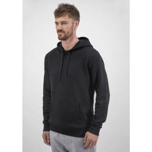 A black men's hoodie with a front pocket and a drawstring hood, modelled by a man.