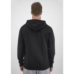 A black men's hoodie with a kangaroo pocket and a hood, viewed from the back. It features a logo on the back.