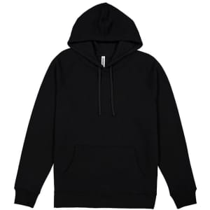 A black hoodie featuring a front pocket and a hood, with a simple design and a logo.