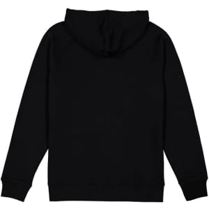 A plain black men's hoodie featuring a hood and long sleeves. It has a logo on the back.