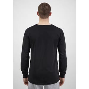 A black long sleeve men’s t-shirt with a crew neck, featuring a plain back view.