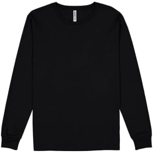 A black long sleeve T-shirt featuring a crew neckline and fitted cuffs. It has a logo on the label.