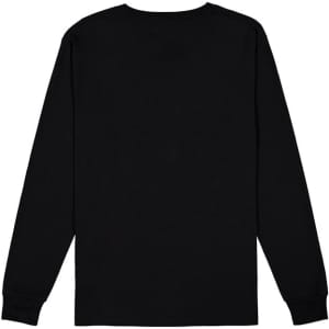A black long sleeve tee featuring a plain back design and fitted cuffs. It includes a logo at the neck area.