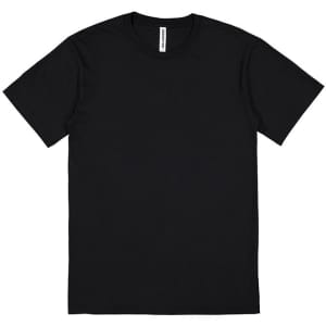 A black short sleeve T-shirt, featuring a simple design and a logo on the label.