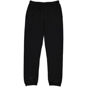 A pair of black track pants featuring an elastic waistband and side pockets, with a logo detail.