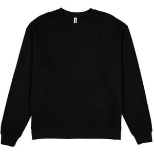 A black crew sweatshirt with long sleeves and a ribbed neckline. It features a branding logo.