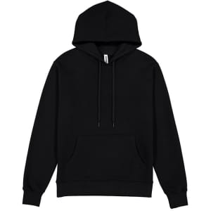 A black hoodie with a front pocket and drawstring hood. The product features a logo on it.