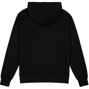 A black men's hoodie featuring a kangaroo pocket and a hood. The back view highlights its straightforward design.