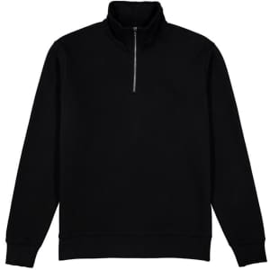 A black men's 1/4 zip jumper featuring a high collar and long sleeves, with a small zip at the front.