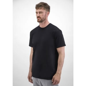 A black short sleeve tee worn by a man, featuring a simple design and a logo.