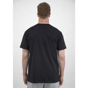A black short sleeve tee viewed from the back, featuring a plain design and a logo on the upper back.