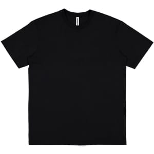 A black short sleeve t-shirt featuring a simple design and a label inside the neckline.