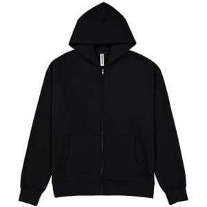 A black zip hoodie with a hood and front pockets, featuring a logo on the label.
