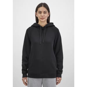 A women’s black hoodie featuring a front pocket and drawstring hood, with a logo on the front.