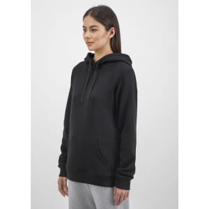 A black women's hoodie featuring a kangaroo pocket and a drawstring hood, displayed on a model.