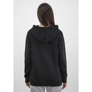 A black women's hoodie with a back view, featuring a hood and a relaxed fit. The garment has a simple design.