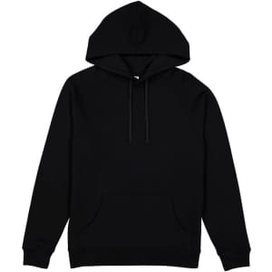 A black women's hoodie with a front pocket and a large hood, featuring a logo on the front.