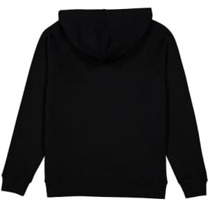A black women's hoodie featuring a hood and long sleeves with a simple design on the back.