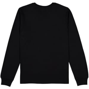 A long-sleeve black women's T-shirt featuring a simple design and a logo on the back.