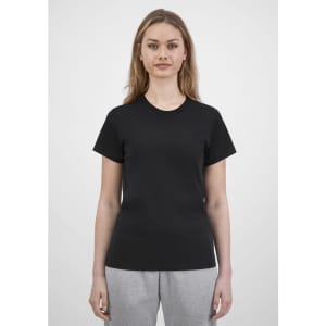 A black short sleeve tee for women, featuring a fitted design and paired with light grey pants. It has a logo.