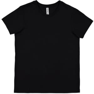 A black short sleeve women's t-shirt with a simple design and branding label.