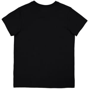 A black short sleeve women's t-shirt with a plain back and a logo on the neckline.
