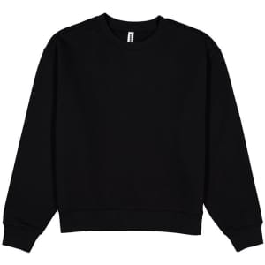 A black crew sweatshirt with long sleeves and a ribbed neckline. The garment features a logo.