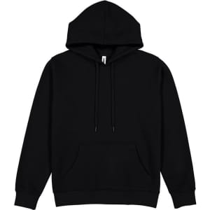 A black women's hoodie with a large front pocket, drawstrings, and a hood. The hoodie features a logo.