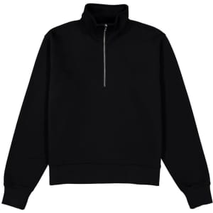 A black women's jumper featuring a 1/4 zip and long sleeves, with a ribbed hem and cuffs. It has a logo.