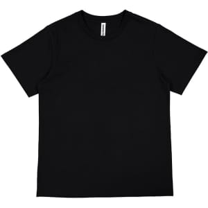A black women's short sleeve tee with a simple design and a brand tag.