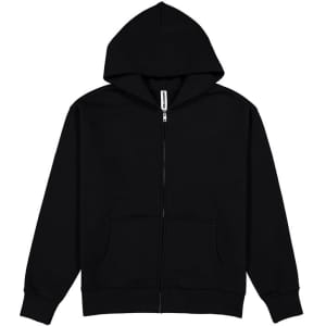 A black zip-up hoodie featuring a hood and front pockets, with a logo on the label.