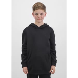 A black hoodie featuring a front pocket and a hood, modelled by a child standing against a plain background.