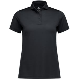 A short sleeve polo in black for women, featuring a classic collar and three-button placket. It has a logo on the chest.