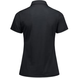 A women's short sleeve polo in black, featuring a classic collar and a logo on the back.