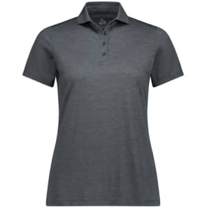 A women's short sleeve polo in a dark grey shade, featuring a collared neckline and button placket. It has a logo.