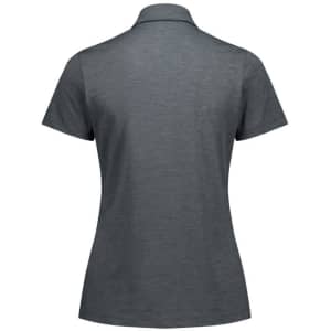 A dark grey women's short sleeve polo, featuring a classic collar and a simple design. It has a logo on the back.