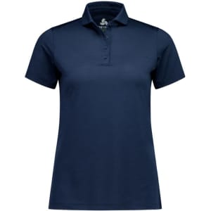 A navy blue short sleeve polo shirt for women featuring a collar and a button placket. The shirt has a logo.