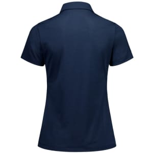 A navy women's polo shirt with a short sleeve design and a collar, featuring a branding logo.