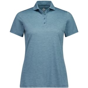 A short sleeve polo in a light blue colour with a collar and three buttons. It features a logo on the chest.