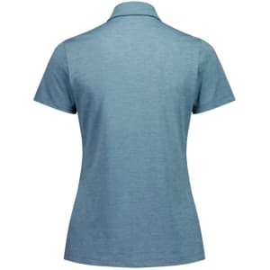 A women's short sleeve polo in a soft blue shade, featuring a classic collar and a logo on the back.