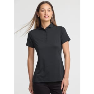 A women's short sleeve polo in black, featuring a collar and a fitted design. It has a logo on the chest.