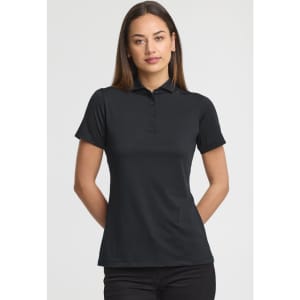 A black short sleeve polo shirt for women, featuring a collar and three-button placket, with a logo on the chest.